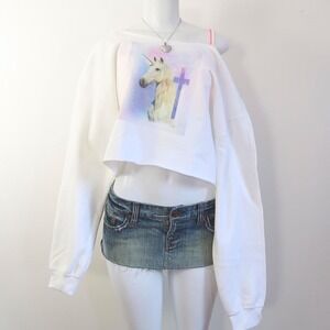 y2k unicorn cross graphic cropped sweatshirt off shoulder